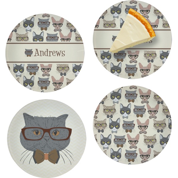 Custom Hipster Cats Set of 4 Glass Appetizer / Dessert Plate 8" (Personalized)