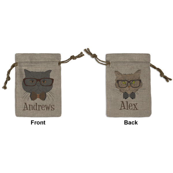 Custom Hipster Cats Small Burlap Gift Bag - Front & Back (Personalized)