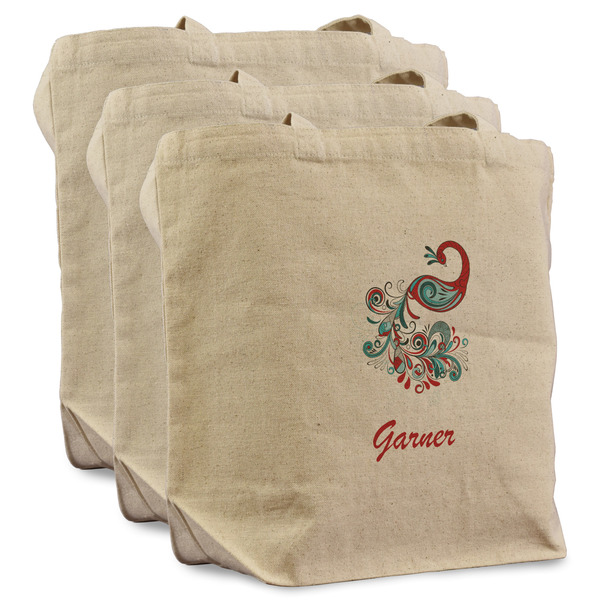 Custom Peacock Reusable Cotton Grocery Bags - Set of 3 (Personalized)