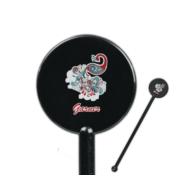 Custom Peacock 5.5" Round Plastic Stir Sticks - Black - Single Sided (Personalized)