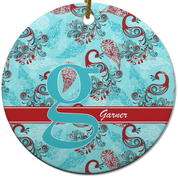 Custom Peacock Round Ceramic Ornament w/ Name and Initial