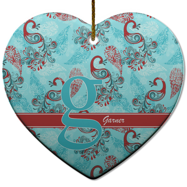 Custom Peacock Heart Ceramic Ornament w/ Name and Initial