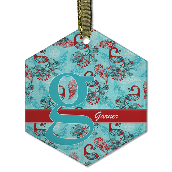 Custom Peacock Flat Glass Ornament - Hexagon w/ Name and Initial