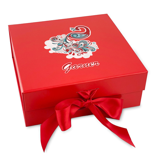 Custom Peacock Gift Box with Magnetic Lid - Red (Personalized)