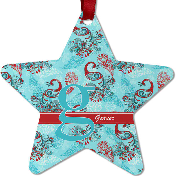 Custom Peacock Metal Star Ornament - Double Sided w/ Name and Initial