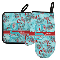 Peacock Left Oven Mitt & Pot Holder Set w/ Name and Initial