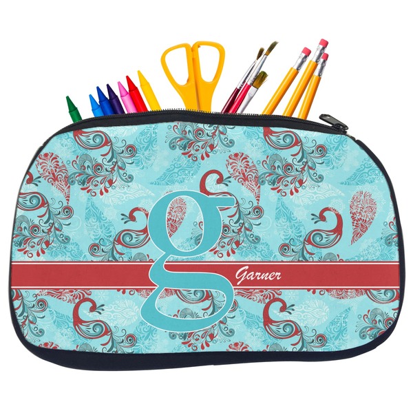 Custom Peacock Neoprene Pencil Case - Medium w/ Name and Initial