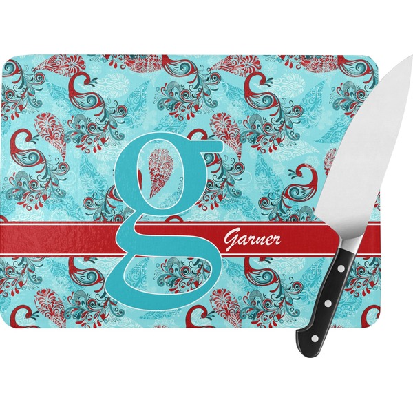 Custom Peacock Rectangular Glass Cutting Board - Large - 15.25"x11.25" w/ Name and Initial