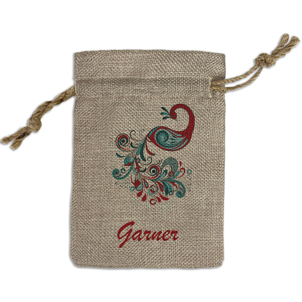 Custom Peacock Small Burlap Gift Bag - Front (Personalized)