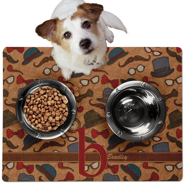 Custom Vintage Hipster Dog Food Mat - Medium w/ Name and Initial