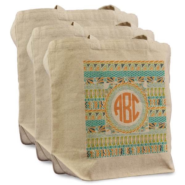 Custom Teal Ribbons & Labels Reusable Cotton Grocery Bags - Set of 3 (Personalized)