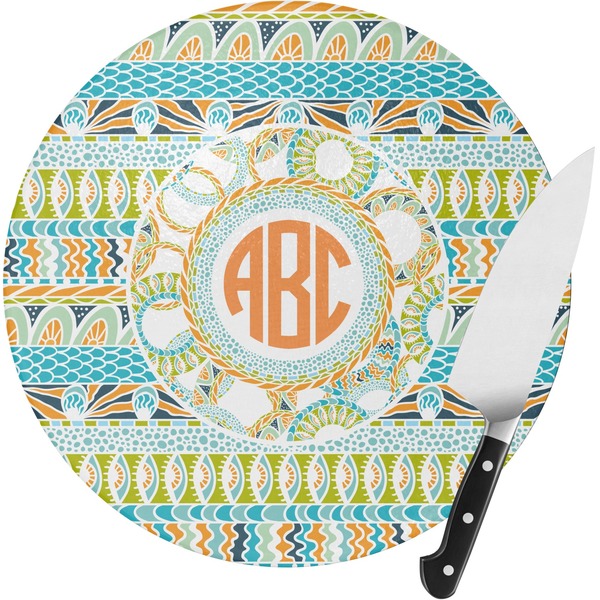 Custom Teal Ribbons & Labels Round Glass Cutting Board - Small (Personalized)