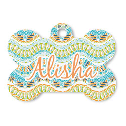 Teal Ribbons & Labels Bone Shaped Dog ID Tag - Large (Personalized)
