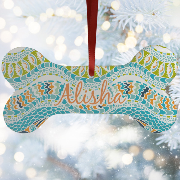 Custom Teal Ribbons & Labels Ceramic Dog Ornament w/ Monograms