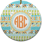 Teal Ribbons & Labels Round Ceramic Ornament w/ Monogram