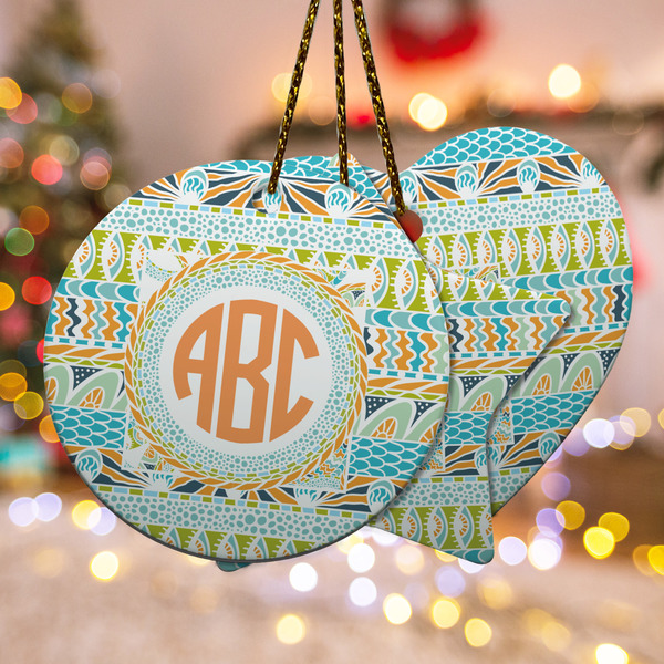 Custom Teal Ribbons & Labels Ceramic Ornament w/ Monogram