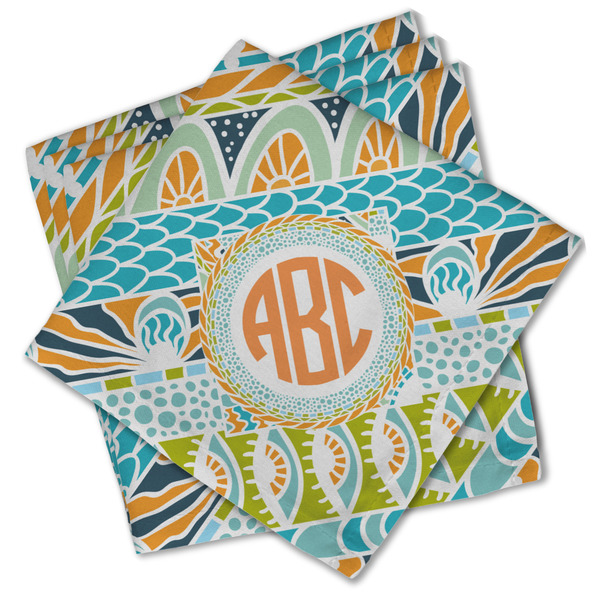 Custom Teal Ribbons & Labels Cloth Cocktail Napkins - Set of 4 w/ Monogram