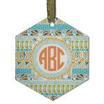 Teal Ribbons & Labels Flat Glass Ornament - Hexagon w/ Monogram