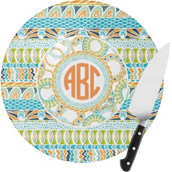 Teal Ribbons & Labels Round Glass Cutting Board - Medium (Personalized)