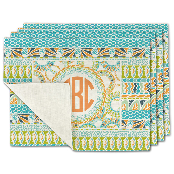 Custom Teal Ribbons & Labels Single-Sided Linen Placemat - Set of 4 w/ Monogram