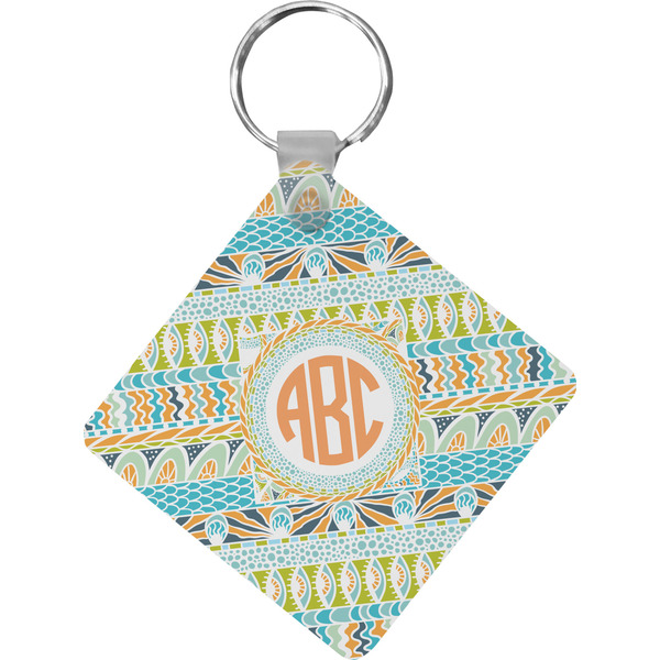 Custom Teal Ribbons & Labels Diamond Plastic Keychain w/ Monogram