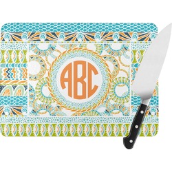 Teal Ribbons & Labels Rectangular Glass Cutting Board - Large - 15.25"x11.25" w/ Monograms