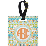 Teal Ribbons & Labels Plastic Luggage Tag - Square w/ Monogram