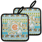 Teal Ribbons & Labels Pot Holders - Set of 2 w/ Monogram