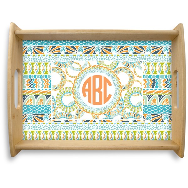 Custom Teal Ribbons & Labels Natural Wooden Tray - Large (Personalized)