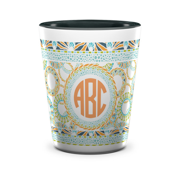 Custom Teal Ribbons & Labels Ceramic Shot Glass - 1.5 oz - Two Tone - Set of 4 (Personalized)