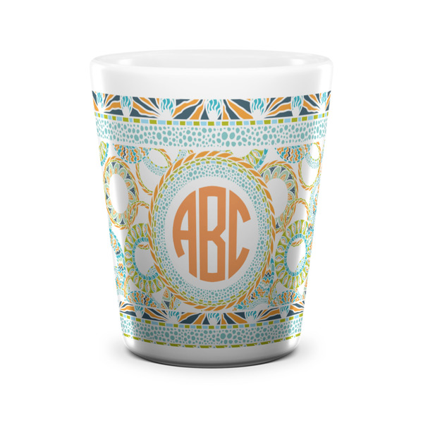 Custom Teal Ribbons & Labels Ceramic Shot Glass - 1.5 oz - White - Single (Personalized)