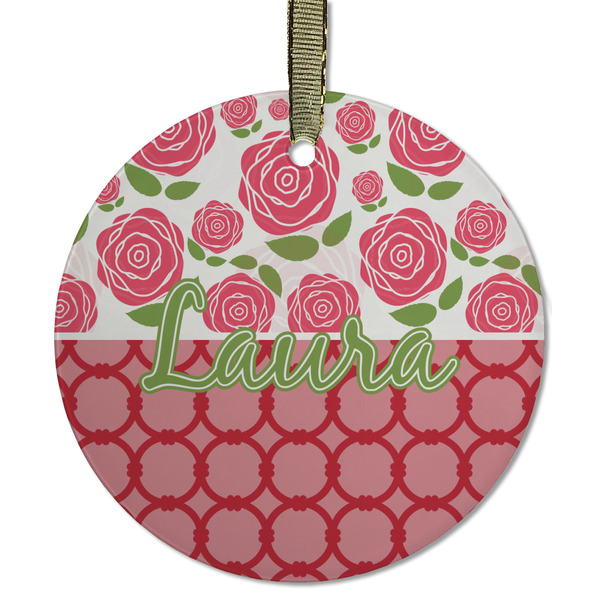 Custom Roses Flat Glass Ornament - Round w/ Name or Text