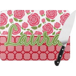 Roses Rectangular Glass Cutting Board - Large - 15.25"x11.25" w/ Name or Text