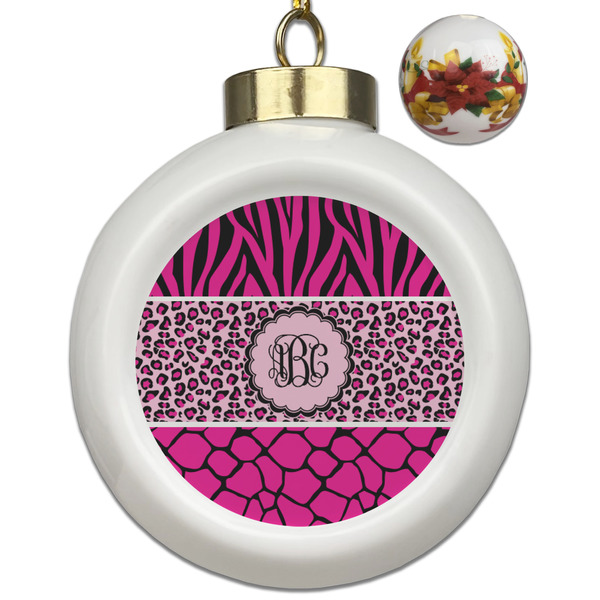 Custom Triple Animal Print Ceramic Ball Ornaments - Poinsettia Garland (Personalized)