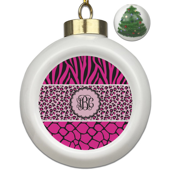 Custom Triple Animal Print Ceramic Ball Ornament - Christmas Tree (Personalized)