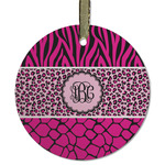 Triple Animal Print Flat Glass Ornament - Round w/ Monogram