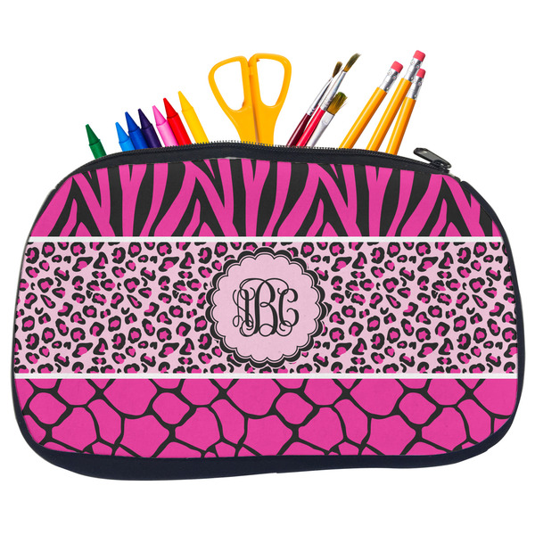 Custom Triple Animal Print Neoprene Pencil Case - Medium w/ Monogram