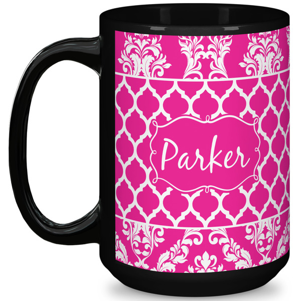 Custom Moroccan & Damask 15 Oz Coffee Mug - Black (Personalized)