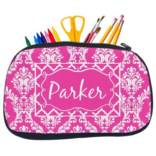 Custom Moroccan & Damask Neoprene Pencil Case - Medium w/ Name or Text