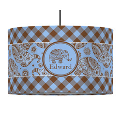 Gingham & Elephants 12" Drum Pendant Lamp - Fabric (Personalized)