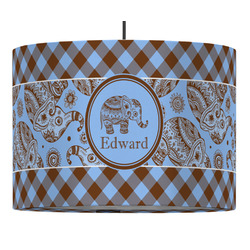 Gingham & Elephants 16" Drum Pendant Lamp - Fabric (Personalized)