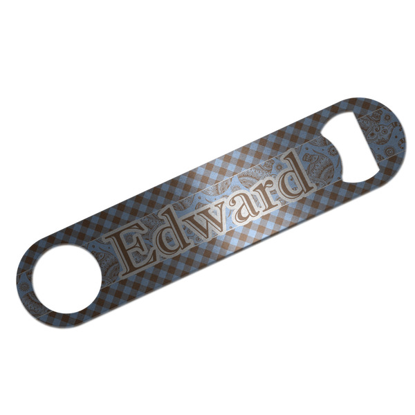 Custom Gingham & Elephants Bar Bottle Opener - Silver w/ Name or Text