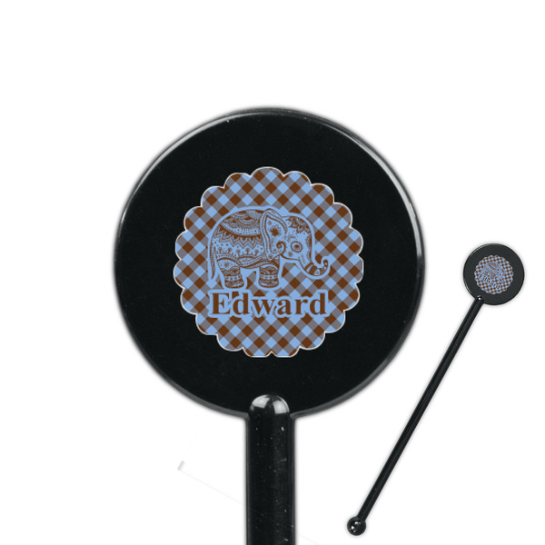 Custom Gingham & Elephants 5.5" Round Plastic Stir Sticks - Black - Single Sided (Personalized)