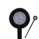 Gingham & Elephants 7" Round Plastic Stir Sticks - Black - Single Sided (Personalized)