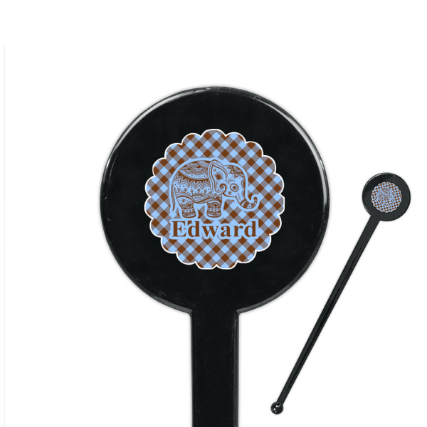 Custom Gingham & Elephants 7" Round Plastic Stir Sticks - Black - Single Sided (Personalized)