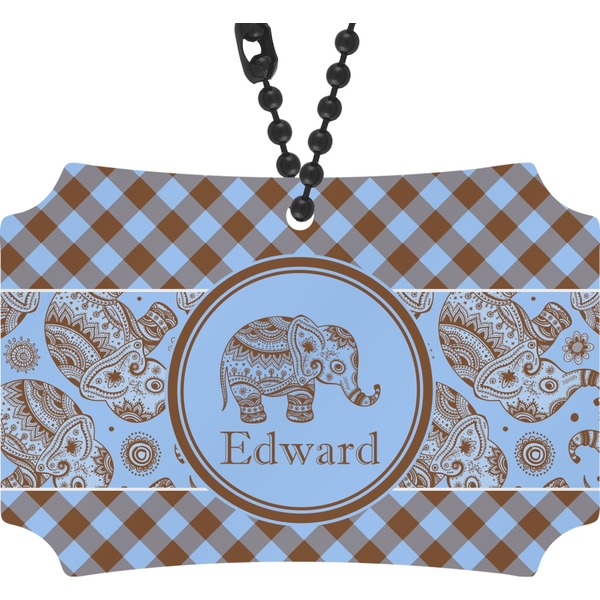 Custom Gingham & Elephants Rear View Mirror Ornament (Personalized)