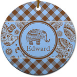 Gingham & Elephants Round Ceramic Ornament w/ Name or Text