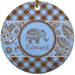 Gingham & Elephants Round Ceramic Ornament w/ Name or Text