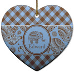 Gingham & Elephants Heart Ceramic Ornament w/ Name or Text