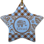 Gingham & Elephants Star Ceramic Ornament w/ Name or Text